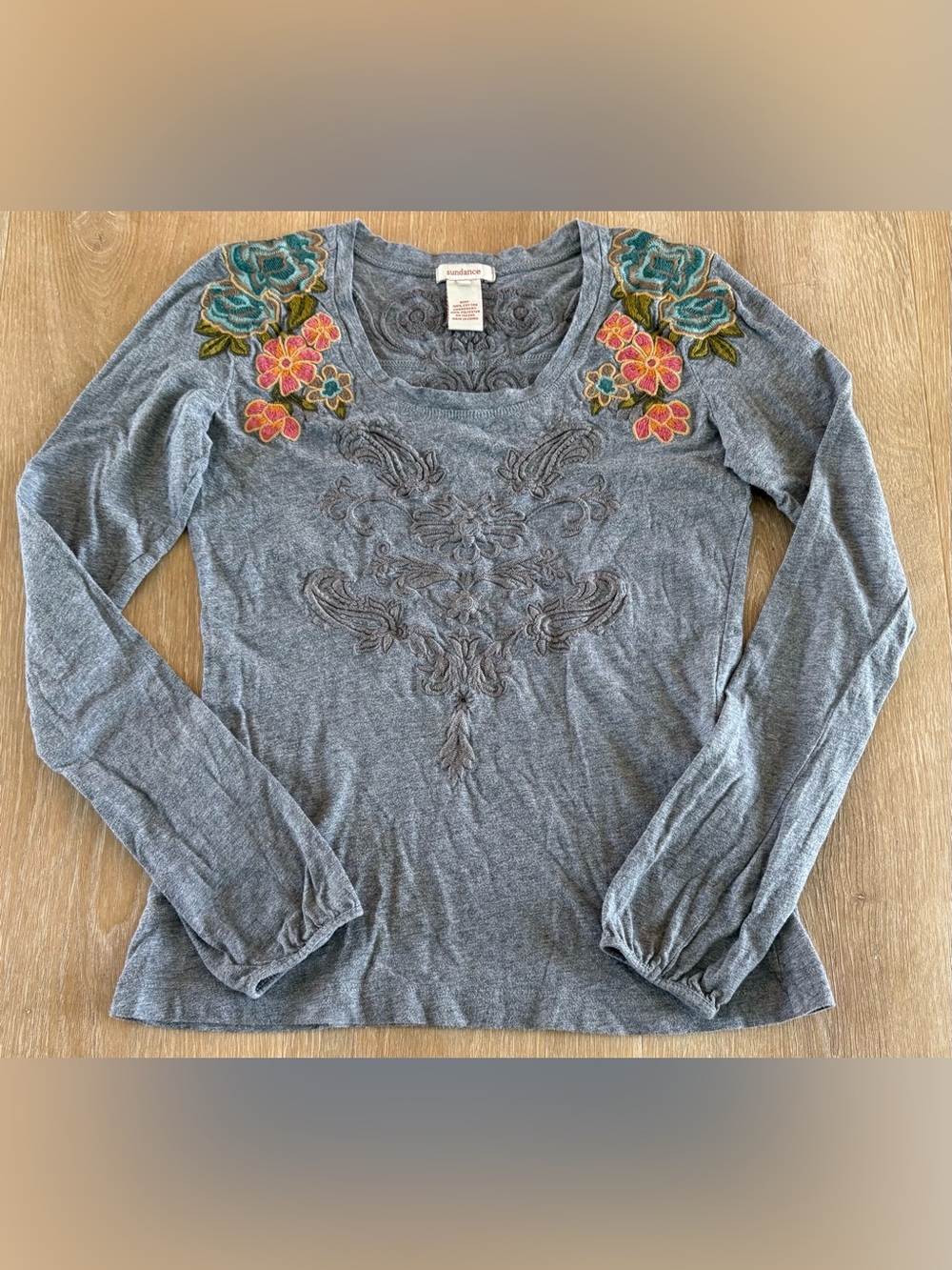 Sundance Gray Long Sleeve Scoop Neck Top with Teal & Pink Floral Embroidery
